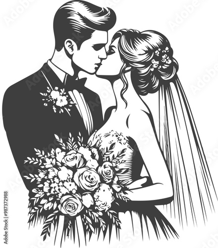 wedding husband wife, romantic couple, and Kissing couple silhouette vector design.