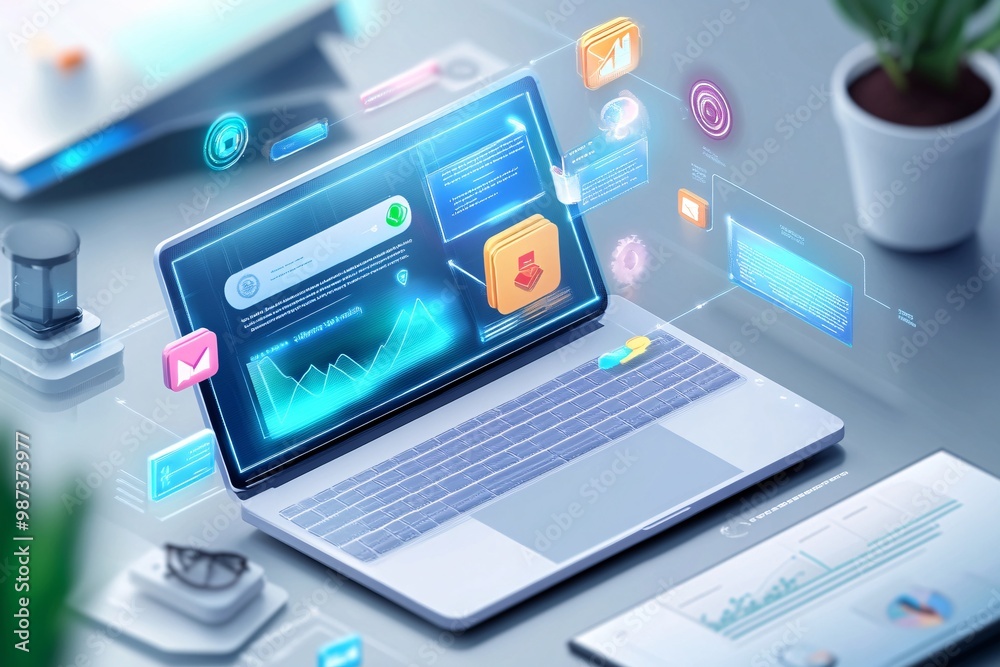Laptop with Holographic Interface and Data Visualization. Laptop with Holographic Interface and Data Visualization.