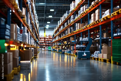 Warehouse aisle with boxes and a forklift.