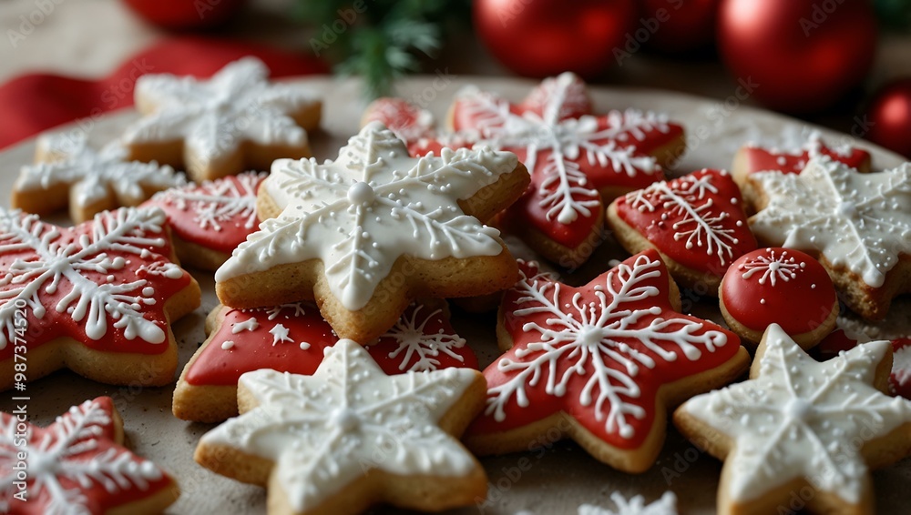 Festively decorated red and white Christmas cookies, perfect for celebrations.