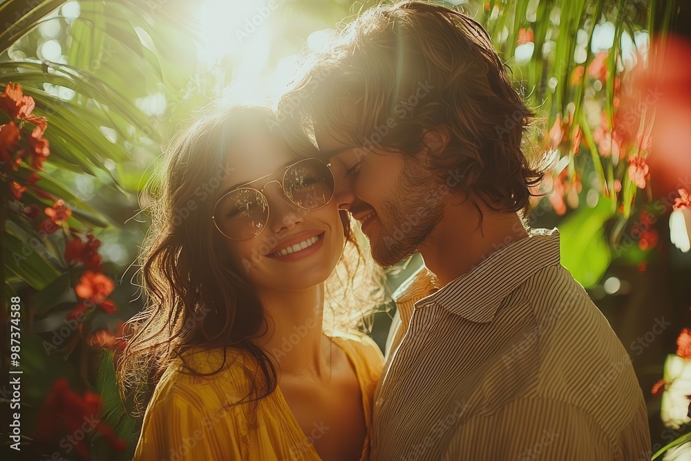 Couple Enjoying Tropical Paradise with Sunshine and Flowers Couple Enjoying Tropical Paradise with Sunshine and Flowers