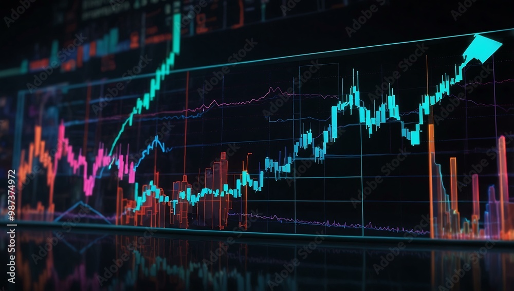 Financial market trends visualized with neon lights and graphs. Financial market trends visualized with neon lights and graphs.