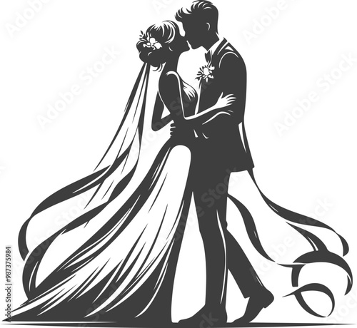 wedding husband wife, romantic couple, and Kissing couple silhouette vector design.