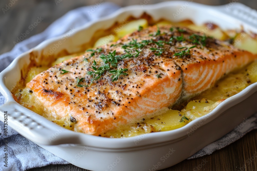 Baked salmon with honey-mustard sauce and potato gratin, ai Baked salmon with honey-mustard sauce and potato gratin, ai