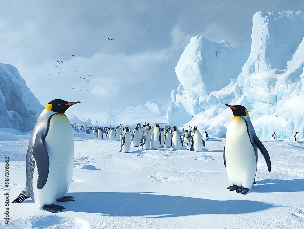 Obraz premium Penguins standing on icy landscape