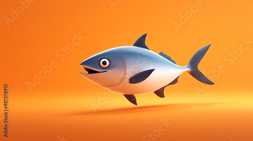 A vibrant illustration of a cartoon fish swimming happily against an orange background, showcasing bright colors and a playful design