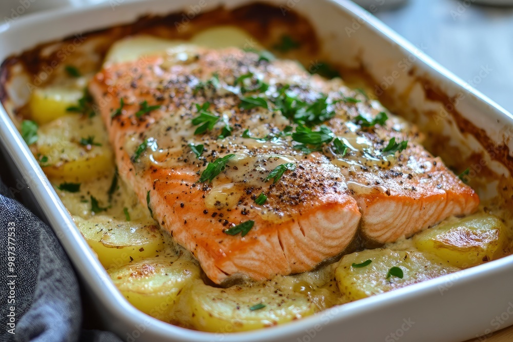 Baked salmon with honey-mustard sauce and potato gratin, ai Baked salmon with honey-mustard sauce and potato gratin, ai