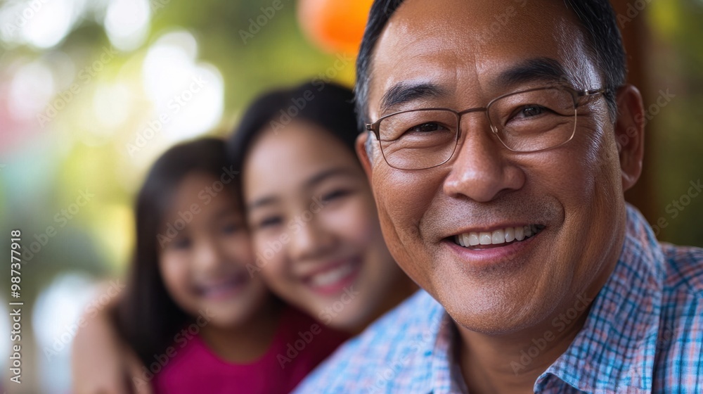 Close-up of an Asian man smiling while spending quality time with family, creating cherished memories together. Close-up of an Asian man smiling while spending quality time with family, creating cherished memories together.