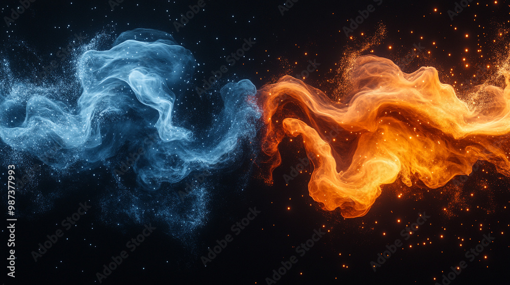 Obraz premium Dynamic representation of fire and ice blending together, showcasing vibrant colors and smooth motion in a captivating design.