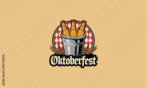 Oktoberfest logo with beer bottles in an ice bucket vector.