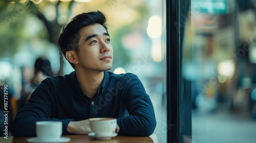 Relaxed Asian man sitting by a window with a cup of tea, reflecting on his thoughts while watching the world go by.