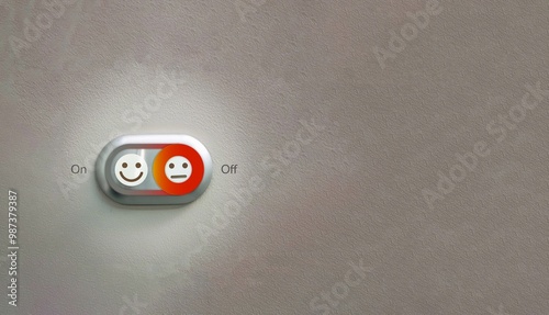 off toggle switch buttons with a negati smile face icon, Negative thinking, Mental health assessment, World Mental Health Day concept, Turn off signs of negative with bad health, 3D rendering photo