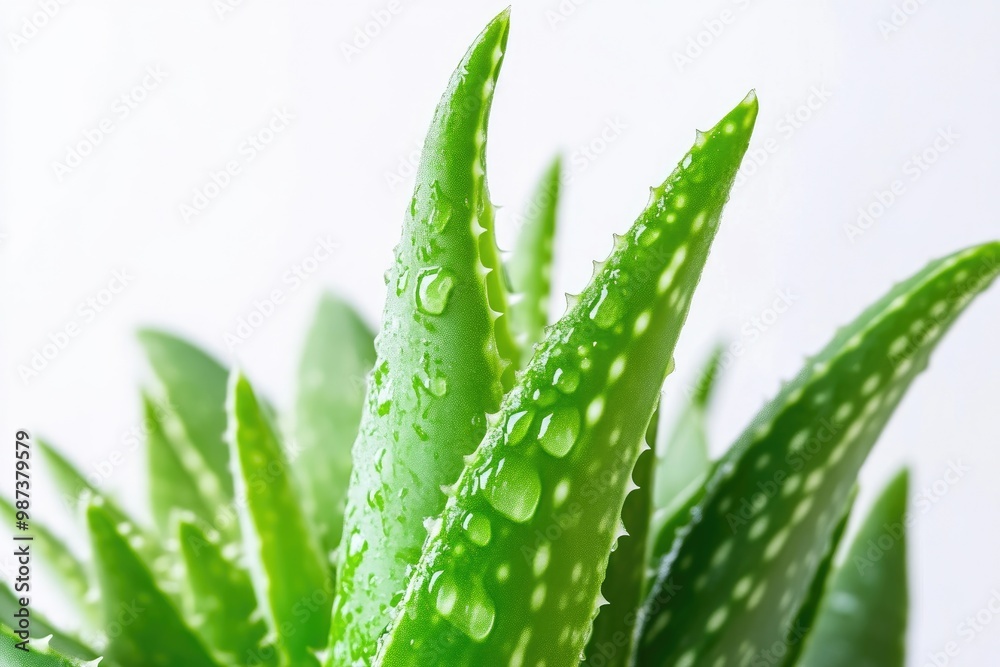 Lush Aloe Vera Leaf with Glowing Gel Against White Surface Lush Aloe Vera Leaf with Glowing Gel Against White Surface