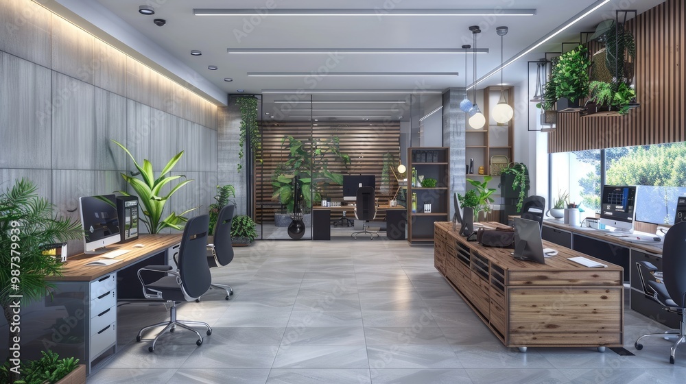 A modern and eco-friendly plumbing company office with tools and satisfied customers A modern and eco-friendly plumbing company office with tools and satisfied customers