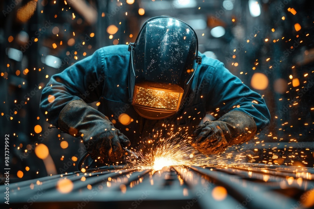 A Welder's Intense Focus: Sparks Fly in Industrial Setting A Welder's Intense Focus: Sparks Fly in Industrial Setting