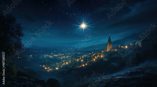 A brilliant Star of Bethlehem in the sky over a quiet town, with beams of light illuminating the land.