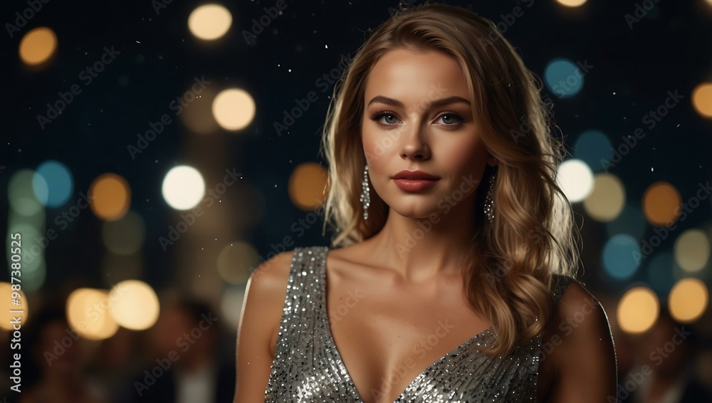 Glamorous woman in a sparkling dress at a night event. Glamorous woman in a sparkling dress at a night event.