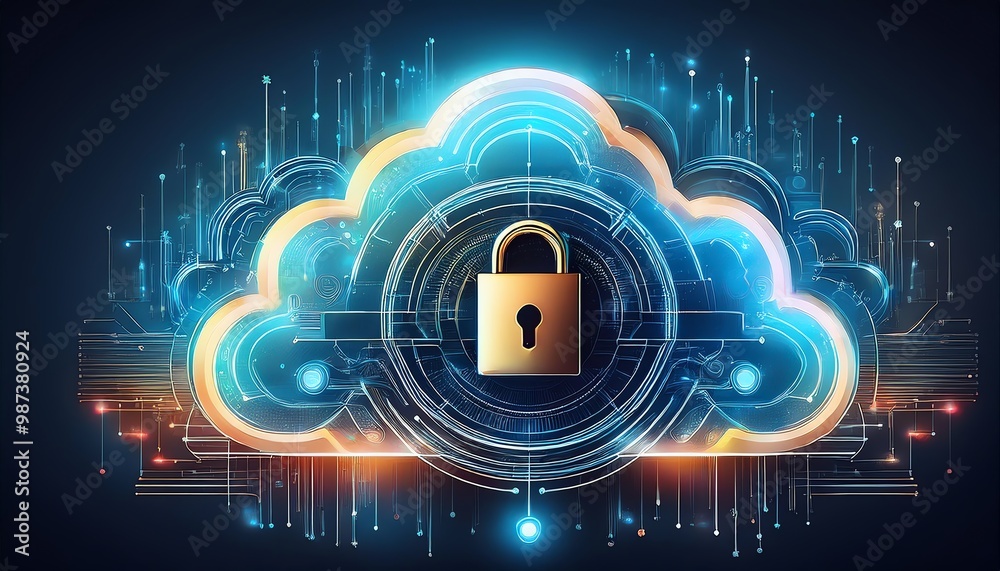 A glowing cloud with a lock symbolizes secure data storage and protection in a digital environment. A glowing cloud with a lock symbolizes secure data storage and protection in a digital environment.