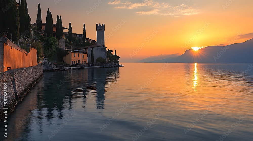 Naklejka premium Sunrise over Lake with a Small Town and a Tower