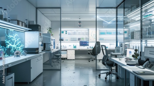 A professional and organized office with a synthetic biology lab and engineered organisms