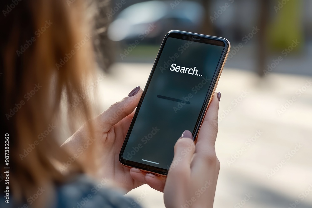 Woman's Hands Interacting with Smartphone Search Feature Woman's Hands Interacting with Smartphone Search Feature
