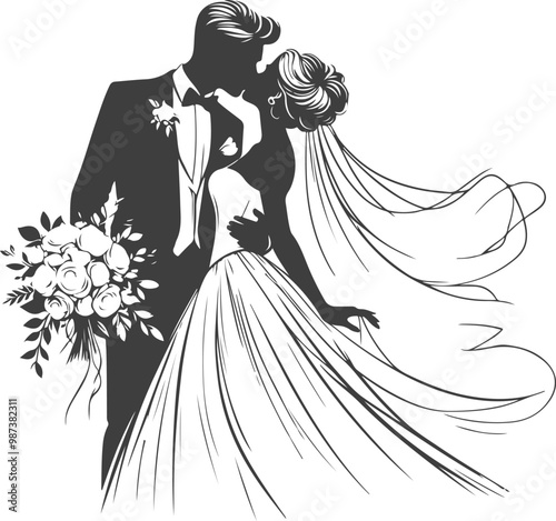 wedding husband wife, romantic couple, and Kissing couple silhouette vector design.