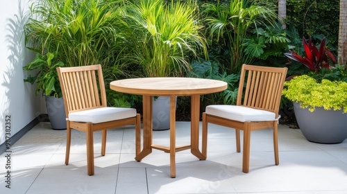 Stylish Outdoor Dining Set with Greenery Background