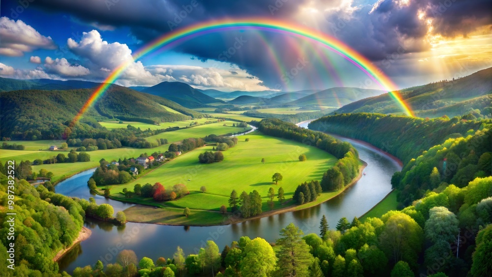 Obraz premium Nature's Arc A Breathtaking Rainbow Over Serene Landscapes