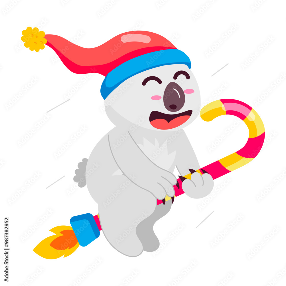Naklejka premium Cartoon style sticker of christmas koala with candy cane and beanie