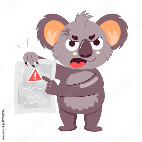 Cartoon style sticker of angry koala holding paper 