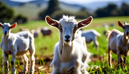 Kiko Goats Grazing in a Serene Rural Countryside Farm Scene photo