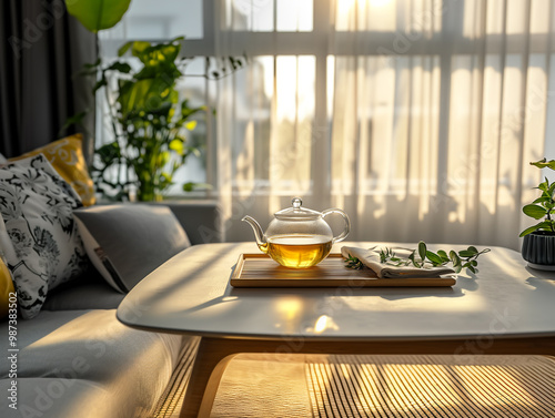 Glass teapot with tea on bamboo tray, close-up of transparent glass and light yellow amber liquid inside, modern style living room background, soft lighting. The scene is illuminated by natural sunlig photo