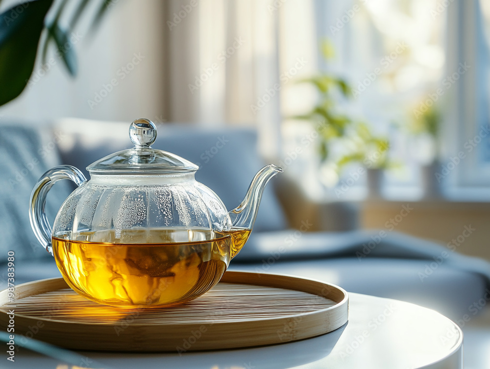 glass teapot with tea on bamboo tray, close-up of transparent glass and light yellow amber liquid inside, modern style living room background, soft lighting. The scene is illuminated by natural sunlig glass teapot with tea on bamboo tray, close-up of transparent glass and light yellow amber liquid inside, modern style living room background, soft lighting. The scene is illuminated by natural sunlig