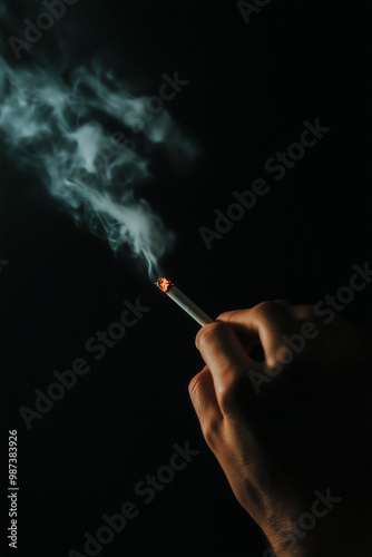 A hand holding a cigarette with smoke coming out of it