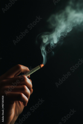 A hand holding a cigarette with a white tip