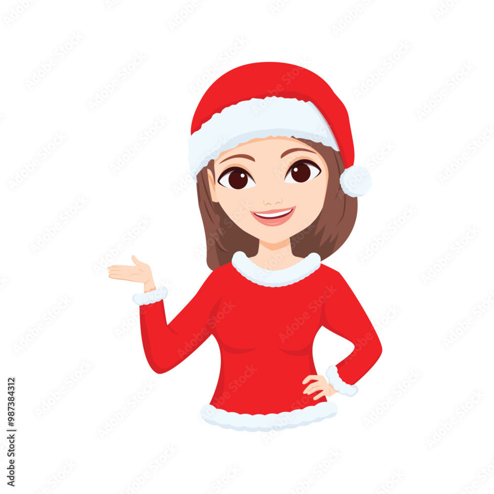 Christmas season, woman in red santa costume with open palm illustration Christmas season, woman in red santa costume with open palm illustration