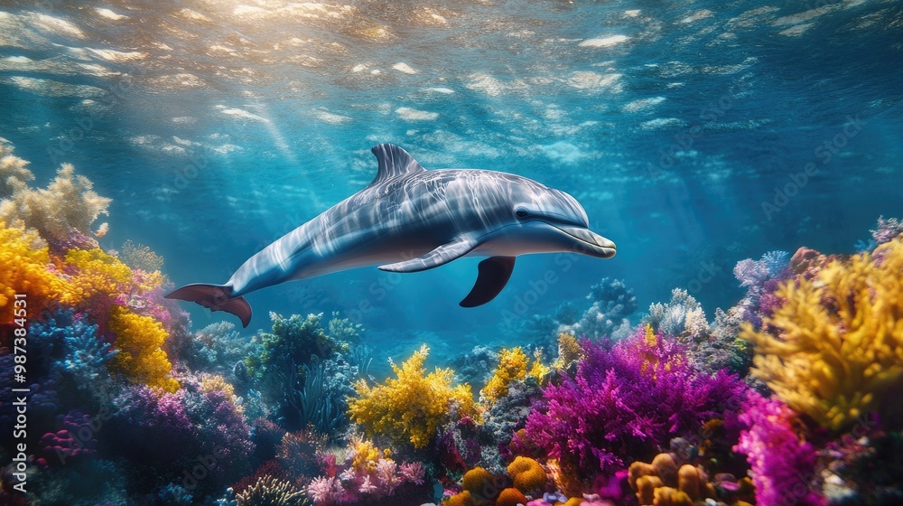 Fototapeta premium A breathtaking underwater shot of a dolphin swimming gracefully among coral reefs, highlighting the vibrant colors of marine life in its natural habitat