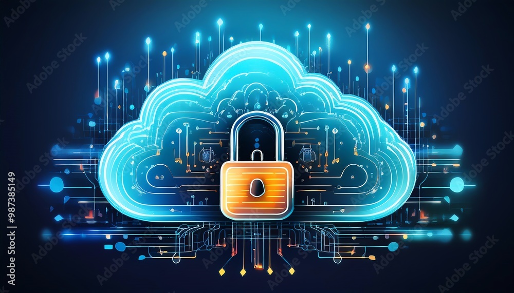 A futuristic cloud symbol with a lock, representing digital security and data protection in a vibrant, technology-themed design. A futuristic cloud symbol with a lock, representing digital security and data protection in a vibrant, technology-themed design.
