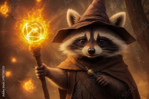 A whimsical raccoon wizard holds a glowing staff in a mystical forest, blending magic and nature in a captivating fantasy scene.