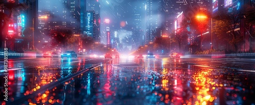 The streets glisten under the rain as colorful neon lights illuminate the busy urban landscape, with cars racing through puddles in a futuristic atmosphere