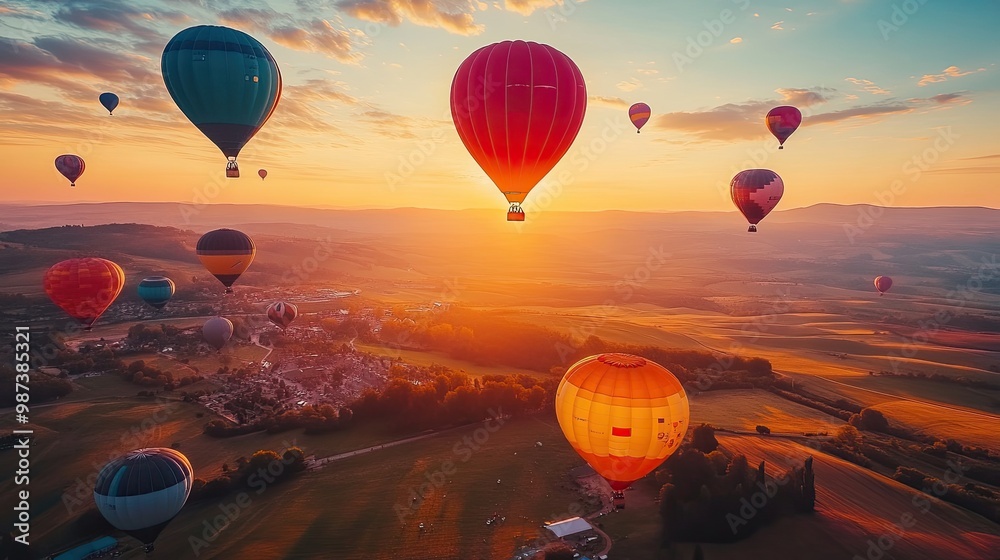 Naklejka premium A stunning hot air balloon festival with colorful balloons lifting off into the sunrise, filling the sky with vibrant colors