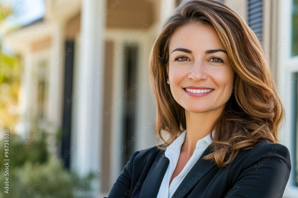 Smiling American Woman Realtor in Front of House for Sale Smiling American Woman Realtor in Front of House for Sale