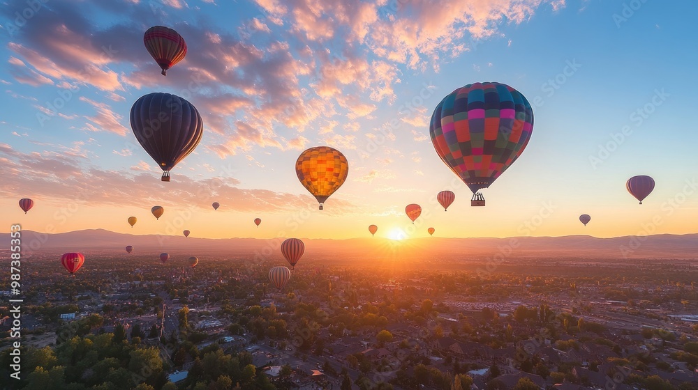 Naklejka premium A stunning hot air balloon festival with colorful balloons lifting off into the sunrise, filling the sky with vibrant colors
