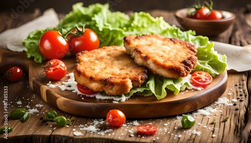 Breaded pork chops in Parmesan cheese, lettuce and radish and cherry tomatoes 