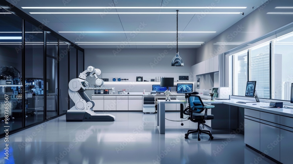 A sleek and modern office with a robotics lab and advanced automation A sleek and modern office with a robotics lab and advanced automation