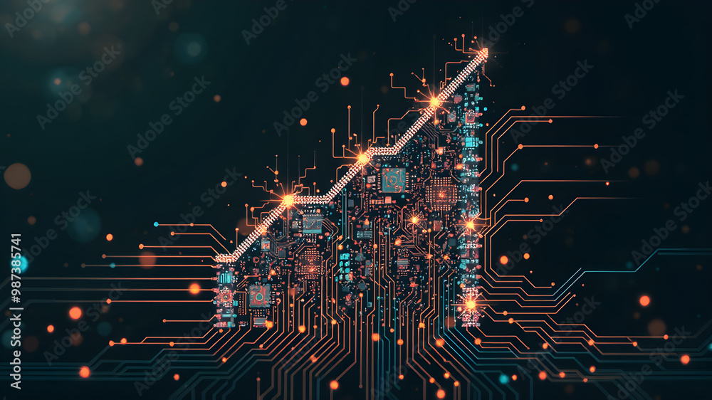 Fototapeta premium Abstract Design of a Growing Business Graph Powered by Digital Circuits Symbolizing Technology-Fueled Business Growth