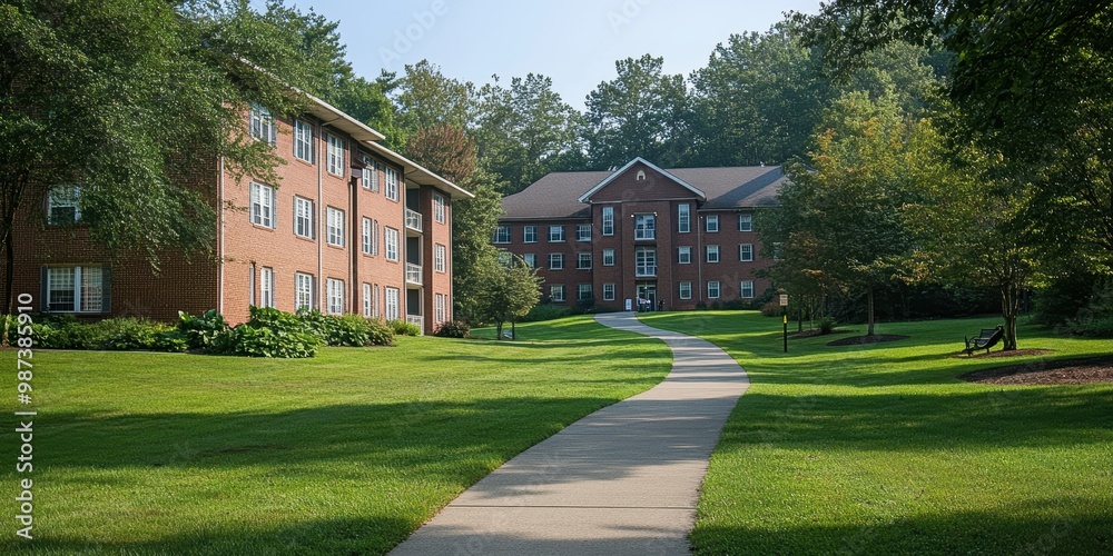 A serene walkway leads through the green, tree-lined courtyard of a residential college campus with two three-story brick buildings under a clear sky A serene walkway leads through the green, tree-lined courtyard of a residential college campus with two three-story brick buildings under a clear sky