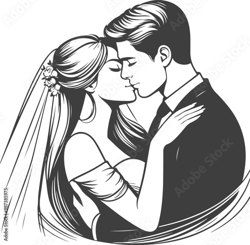 wedding husband wife, romantic couple, and Kissing couple silhouette vector design.