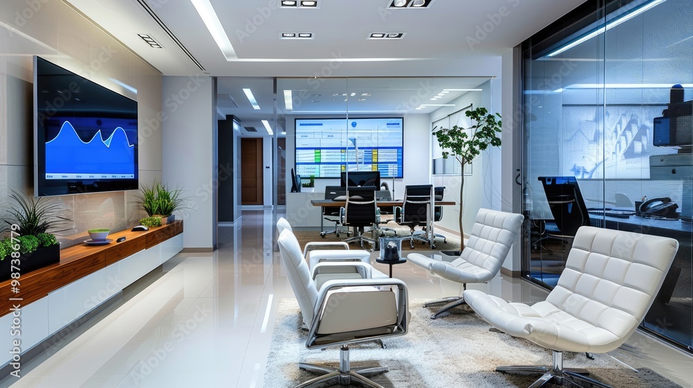 Fototapeta premium A sleek and modern oil and gas company office with charts and satisfied clients