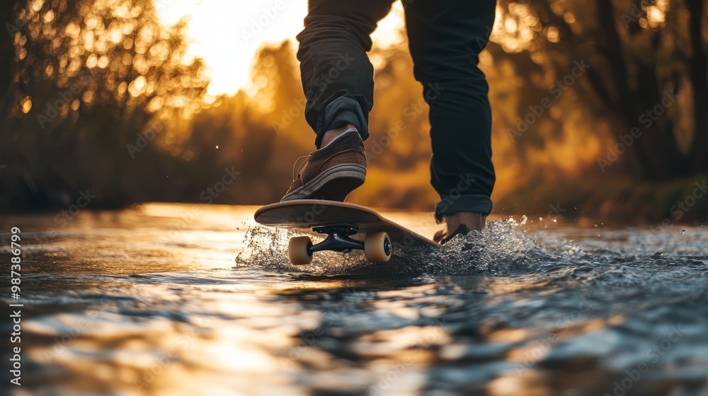 A skateboarder effortlessly glides over gently rippling water as the sun sets, creating a magical scene filled with golden light and reflections A skateboarder effortlessly glides over gently rippling water as the sun sets, creating a magical scene filled with golden light and reflections
